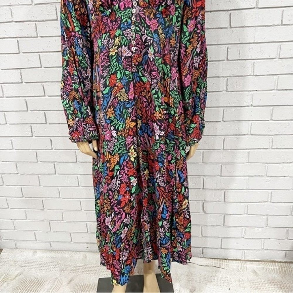 Farm Rio Black Mixed Prints Floral Birds Midi Dress V-Neck Balloon Sleeve Size L - Picture 8 of 16